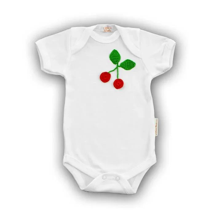 Cherry Baby Onesie with Hand-Crocheted Picture