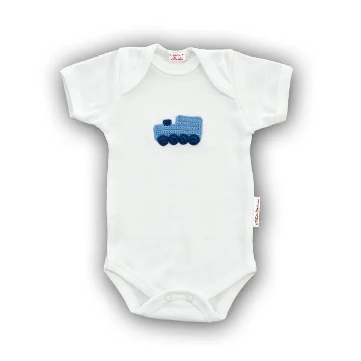 Blue Train Baby Onesie with Hand-Crocheted Picture