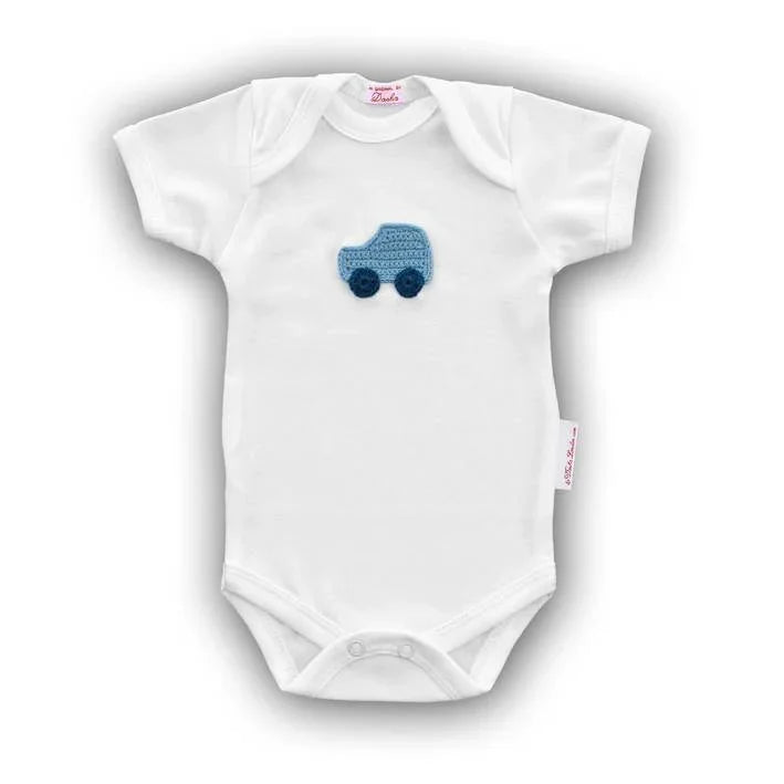 Blue Car Baby Onesie with Hand-Crocheted Picture