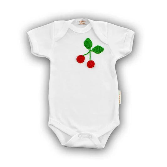 Cherry Baby Onesie with Hand-Crocheted Picture