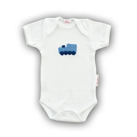 Blue Train Baby Onesie with Hand-Crocheted Picture